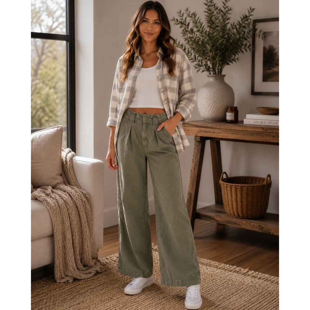 PAIGE Pants Womens 25 Olive Green Harper Wide Leg Utility Boho Coastal‎
